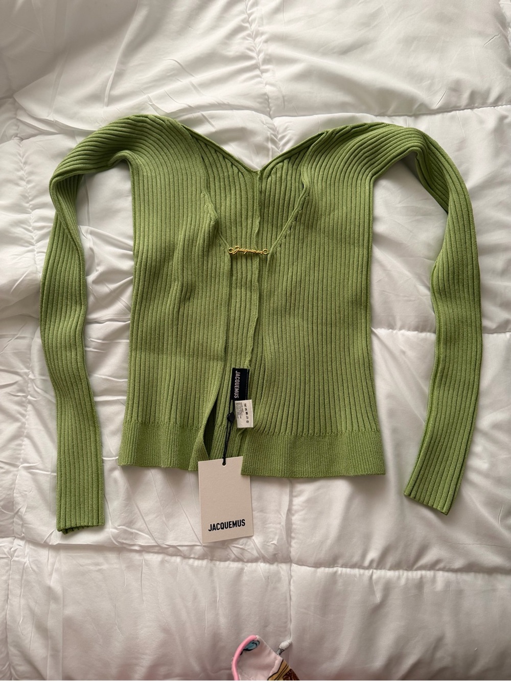 Jacquemus Light Green Off-the-Shoulder Ribbed Sweater with Gold Hardware